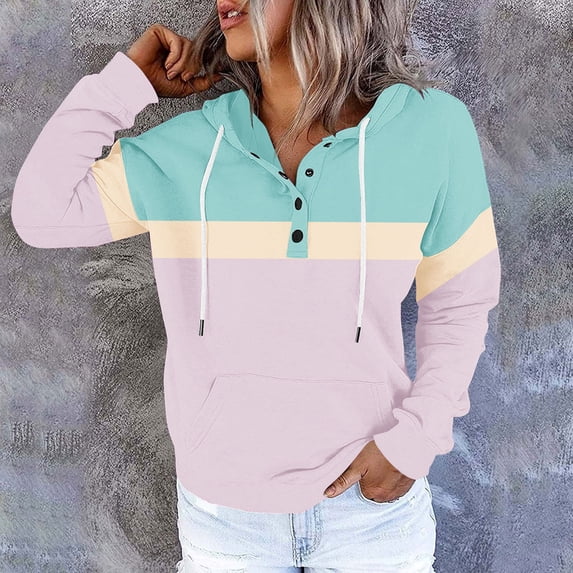 Hoodies for Women Drawstring Hooded Sweatshirts Women's Contrasting Button Hat Rope Hooded Pocket Pullover Fashionable Sweatshirts