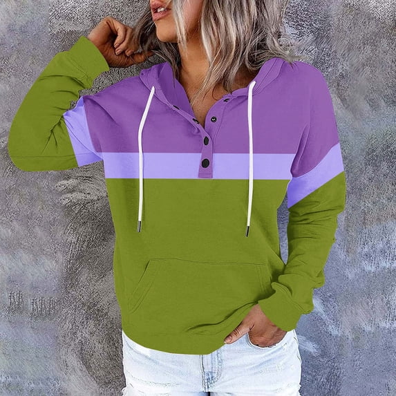 Hoodies for Women Drawstring Hooded Sweatshirts Women's Contrasting Button Hat Rope Hooded Pocket Pullover Fashionable Sweatshirts