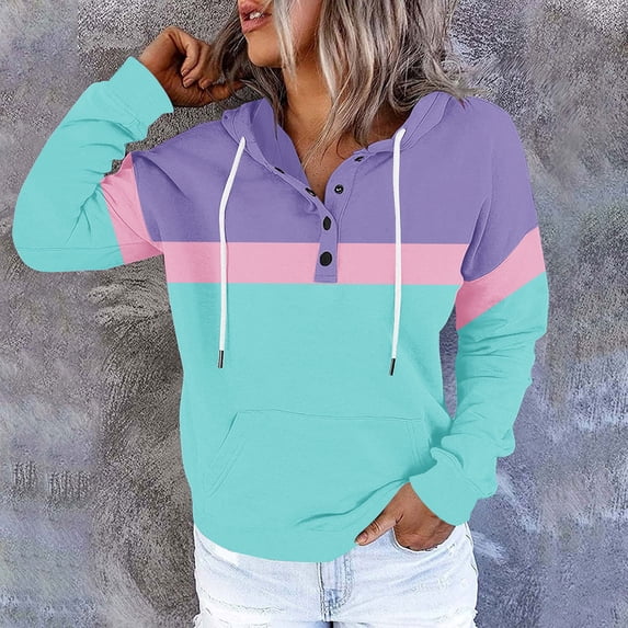 Hoodies for Women Drawstring Hooded Sweatshirts Women's Contrasting Button Hat Rope Hooded Pocket Pullover Fashionable Sweatshirts