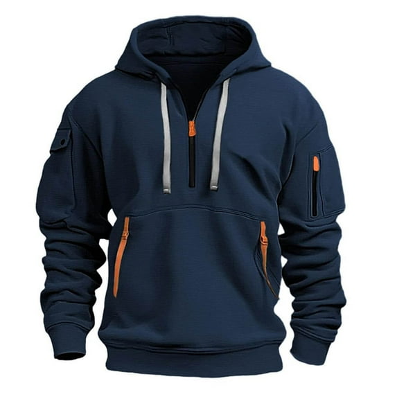 Deal of The Week Mens Fleece Hooded Sweatshirt Winter Jackets Spring And Men's Hoodie Zipper Multi Pocket Pullover Sports And Casual Coat Navy L