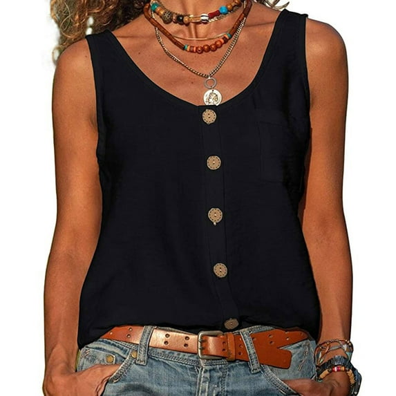 Deal of the Week Ofreoo Fashion Women Casual V-Neck Sleeveless Solid Button Casual Blouses Tops