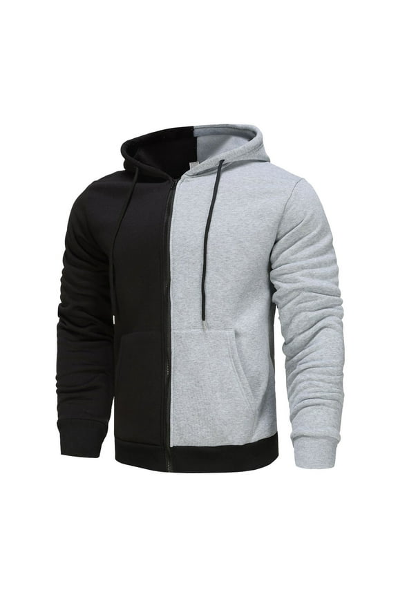 Deal of the Week Ofreoo Man Color Match Drawstring Zipper Pockets Hooded Coat Men's Lightweight Jackets