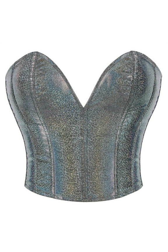 Deal of the Week Ofreoo Women Faux Leather Metallic Boned Bustier Lace Up Shapewear Corset Crop Tops