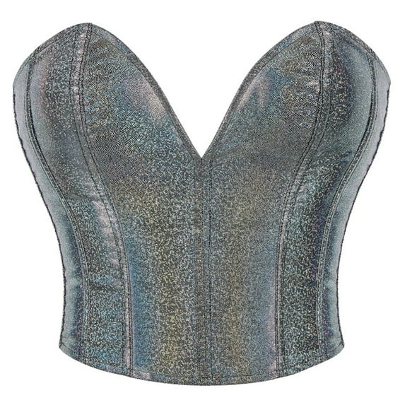 Deal of the Week Ofreoo Women Faux Leather Metallic Boned Bustier Lace Up Shapewear Corset Crop Tops