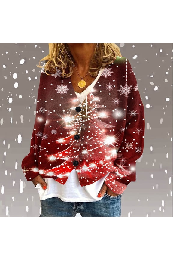 Deal of the Week Ofreoo Women‘s Christmas Printed CasualCardigan ButtonFashion Jacket Tops Coat Cardigan Sweaters for Women Lightweight