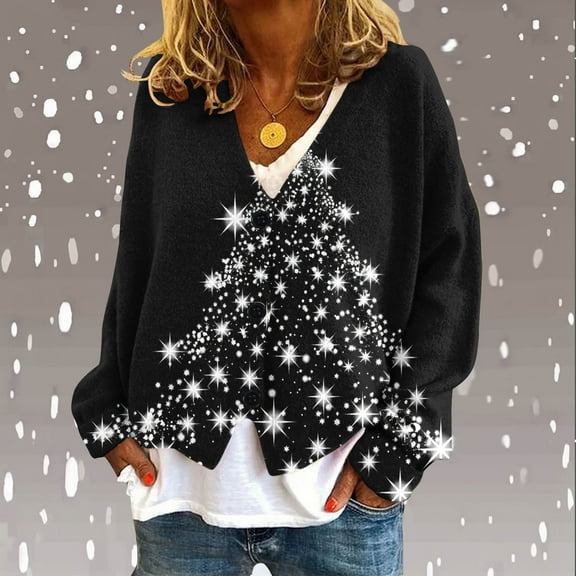 Deal of the Week Ofreoo Women‘s Christmas Printed CasualCardigan ButtonFashion Jacket Tops Coat Cardigan Sweaters for Women Lightweight