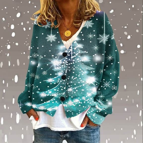 Deal of the Week Ofreoo Women‘s Christmas Printed CasualCardigan ButtonFashion Jacket Tops Coat Cardigan Sweaters for Women Lightweight