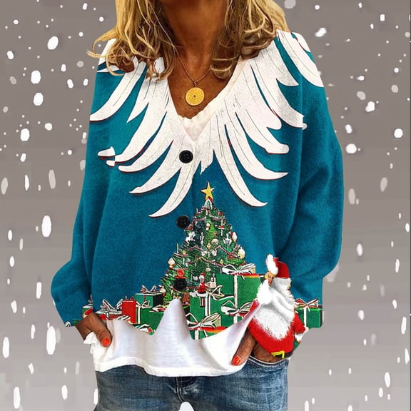 Deal of the Week Ofreoo Women‘s Christmas Printed CasualCardigan ButtonFashion Jacket Tops Coat Cardigan Sweaters for Women Lightweight