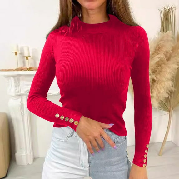Deal of the Week Ofreoo Women's Solid Color Button Long Sleeved Knitted Sweater Base Sweater Top High Neck Sweater Winter Clothes for Women