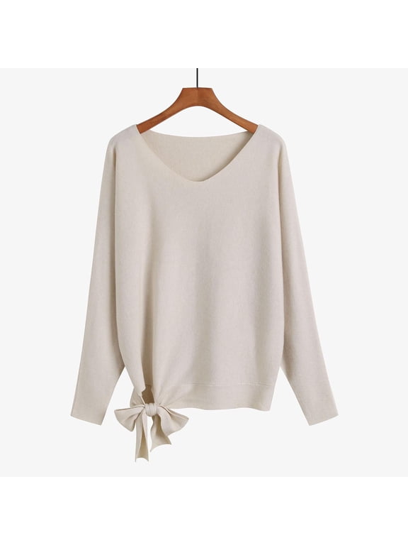 Deal of the Week Ofreoo Women's Solid V-neck Sweater With Loose Drawstring Pullover Knitted Sweater V-neck Sweater Fall Clothes for Women 2024