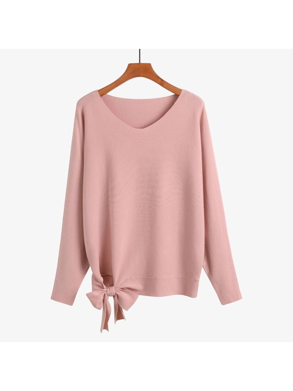 Deal of the Week Ofreoo Women's Solid V-neck Sweater With Loose Drawstring Pullover Knitted Sweater V-neck Sweater Fall Clothes for Women 2024