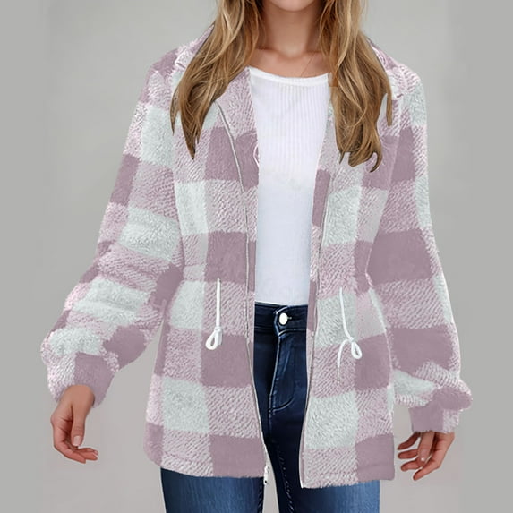 Deal of the Week Ofreoo Womens Winter Double-sided Plush Fleece Plaid Long Sleeved Long CoatJacketCardigan Overcoat Top Winter Coats for Women 2024