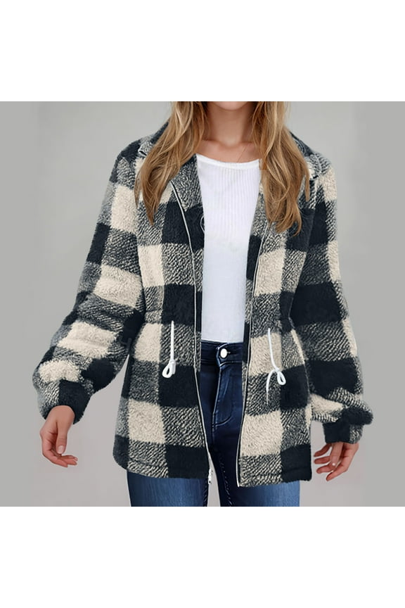 Deal of the Week Ofreoo Womens Winter Double-sided Plush Fleece Plaid Long Sleeved Long CoatJacketCardigan Overcoat Top Winter Coats for Women 2024
