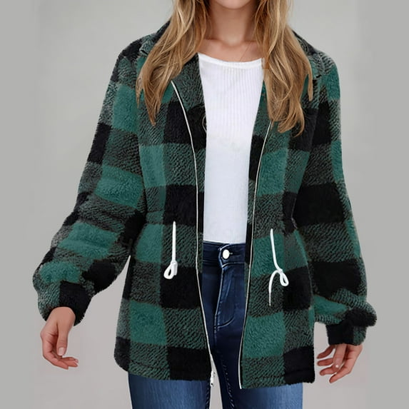 Deal of the Week Ofreoo Womens Winter Double-sided Plush Fleece Plaid Long Sleeved Long CoatJacketCardigan Overcoat Top Winter Coats for Women 2024