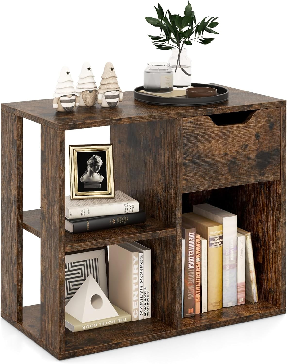 DealNest 3 Cube Bookcase with Drawer, 2 Tier Bookshelf for Small Space ...
