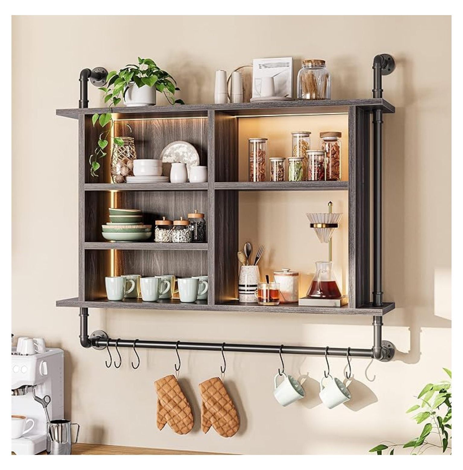 DealNest 4-Tier Industrial Pipe Shelving, 37.4" Kitchen Shelf with LED Light, Floating Shelves with 8 S-Hooks for Kitchen, Living Room, Home Office Bar, Dark Grey
