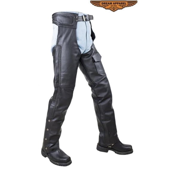 Dealer Leather C4326-04-5XL Mens Black Braided Split Leather Chaps with Mesh & Zipout Lining - 5XL