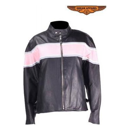 Dealer Leather LJ238-01-2XL Womens Racer Jacket with Pink & Double Silver Stripes - 2XL