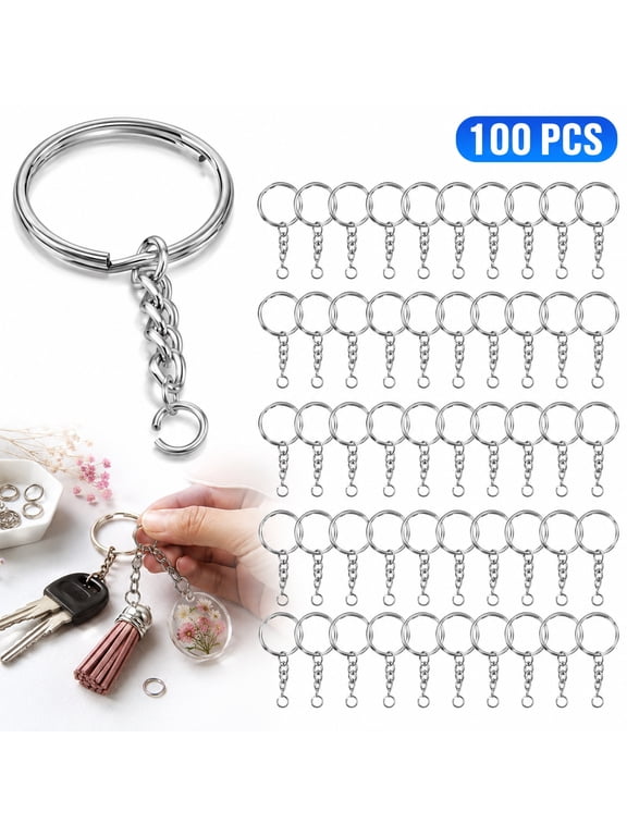 Key Chain Rings 100 Pack, DEALLY Keychain Making Kit with Chain 1 Inch Silver Metal Split Rings for Crafts, DIY Jewelry Key Holder Accessories