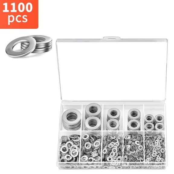Deally 1100 Pcs Flat Washers Assortment Kit 304 Stainless Steel, 9 Metric Sizes (M2M12), Metal Washers for Screws and Bolts Ideal for Automotive, Construction, Industrial, DIY