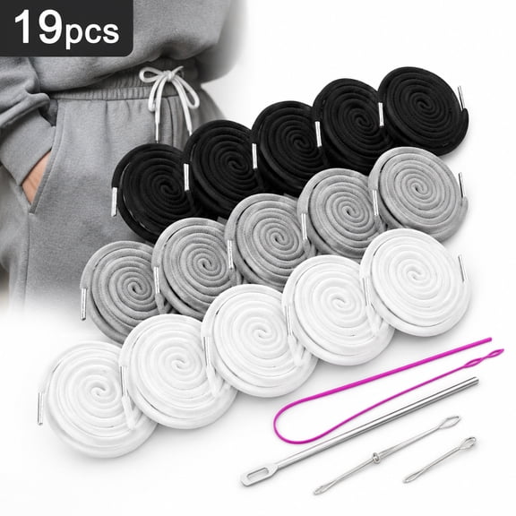 Deally 19pcs Drawstring Cord Kit - 15 Pieces 66 Inches XL Lengthened Drawstring Cords Replacement Drawstrings with 4 Pieces Easy Threaders for Sweatpants Shorts Pants Jackets Coats