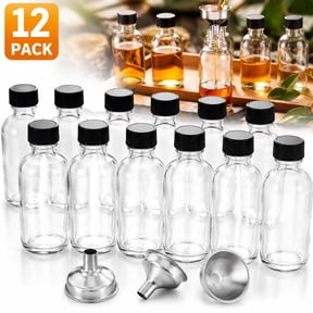 Deally 2 oz Small Glass Bottles - 12 Pack Glass Containers with Lids and 3 Funnels, 60ml Boston Shot Bottles for Health, Immunity, Potion, Sample - Mini Personal Care & Beauty Travel Bottle