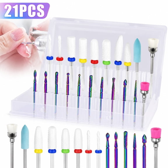 Deally 21pcs Nail Drill Bits Set 3/32 Inch Carbide and Ceramic Bits for Acrylic Gel Nail and Cuticle Removal Manicure Pedicure Kit for Home or Salon Use