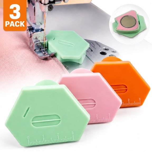 Deally 3-Pack Magnetic Seam Guide for Sewing Machines Upgraded Polygonal Hemmer Ruler with Scale, Strong Magnet & 3 Colors (Orange, Pink, Green), Universal for All Fabric Types