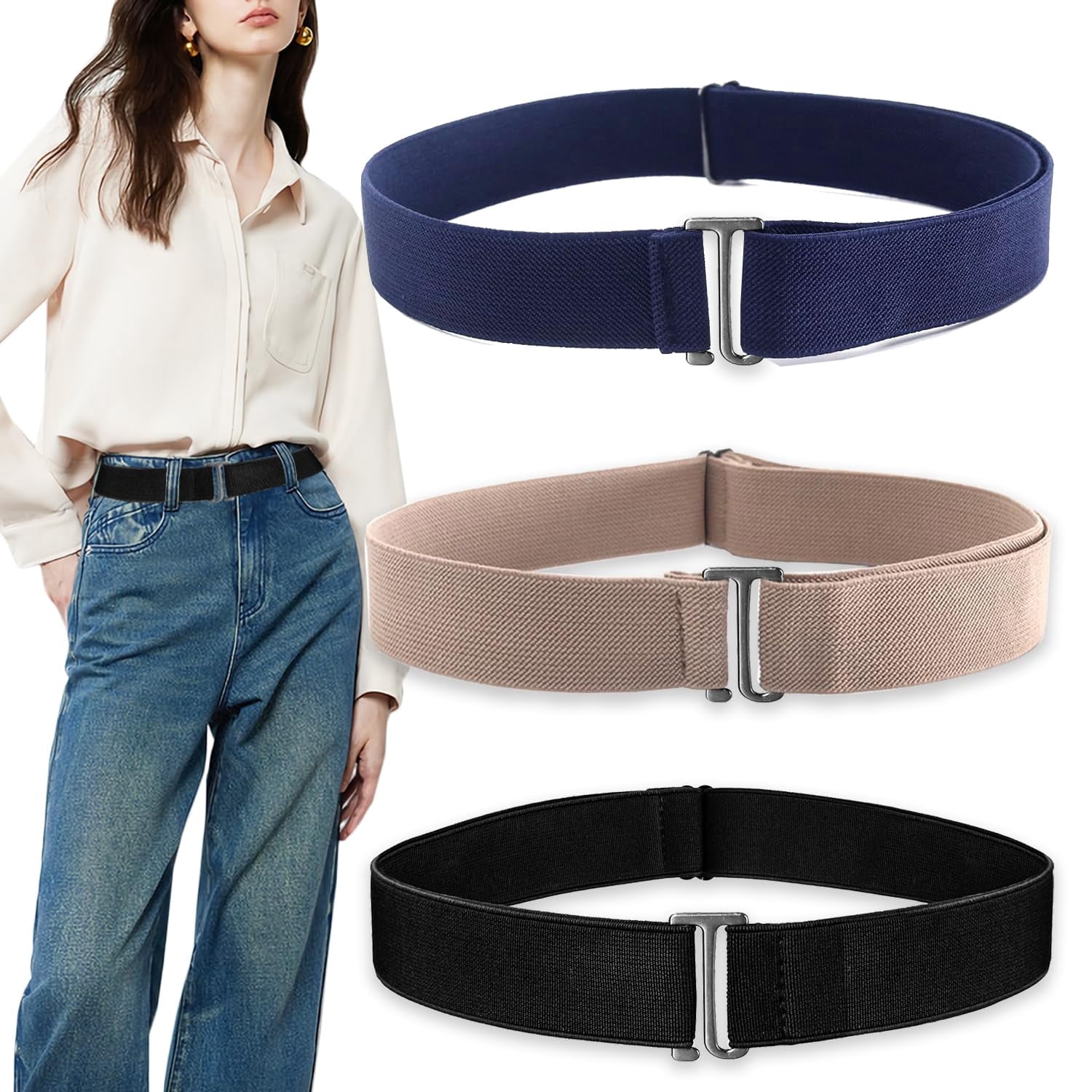 4434 Easily Adjustable Elastic Flat Buckle No Show Belts For Women – 4 Piece Women Elastic Stretch Belt Invisible No Show Waist  main image 2