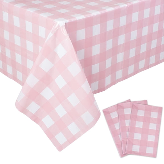 Deally 3 Packs Pink Gingham Tablecloth Pink and White Checkered Tablecloths 54 x 108 Inches Disposable Plastic Gingham Tablecovers Waterproof Rectangle Picnic Table Covers for Birthday Party Supplies