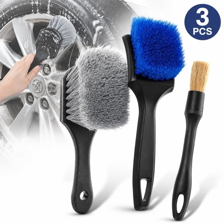 Deally 3-Piece Tire Brush Set for Car Detailing - Professional Tire Cleaning Brushes with Soft/Stiff/Boar Bristle for Wheels, Rims & Interior
