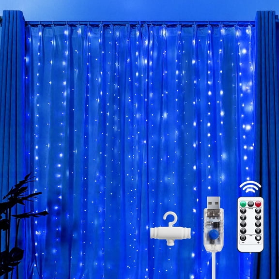 Deally 300 LED Blue Fairy Curtain Lights, 9.8ft x 9.8ft String Lights, USB Plug in 8 Lighting Modes Christmas String Hanging Lights with Remote for Bedroom Indoor Outdoor Party Xmas Blue 1 Pack