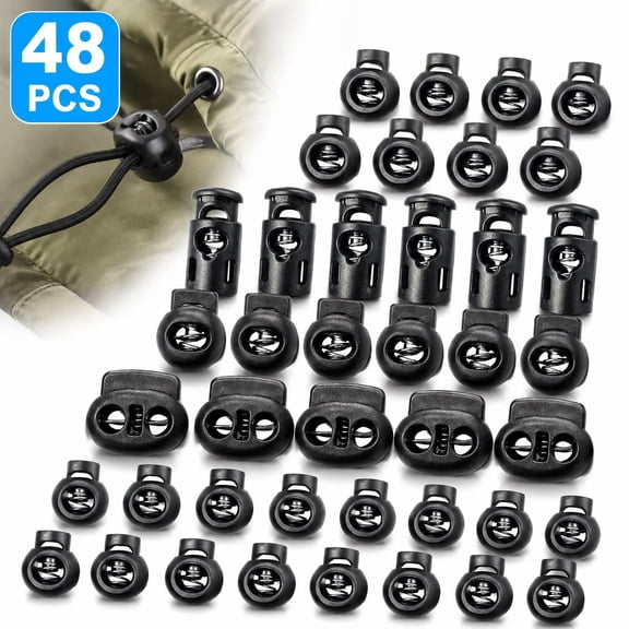 Deally 48pcs Upgraded Plastic Cord Lock, Single Double Hole Spring Stop Toggle Stoppers,Draw String Clip with Spring Toggle Stoppers Buttons for Drawstrings, Shoelaces