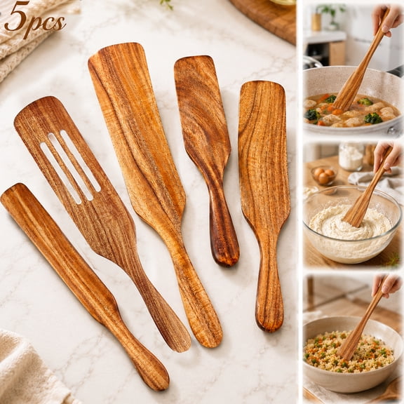 Deally 5Pcs Wooden Spurtle Set, Natural Acacia Wood Kitchen Utensils Set for Cooking, Stirring, Mixing, Serving, Heat Resistant Non-Stick, Wooden Spurtles for Mom, Wife Cooking Gifts