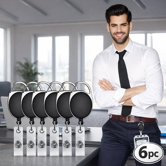 Deally 6pcs Retractable Badge Holders with Carabiner Reel Clip,Badge Reel Bulk ID Card Key Holder with Ring, Sturdy Black Key Chain Extender for Office Work Employee