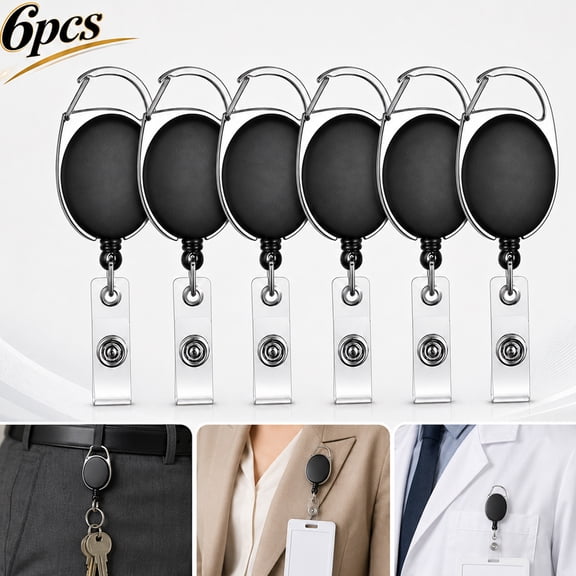 Deally 6pcs Retractable Badge Holders with Carabiner Reel Clip,Badge Reel Bulk ID Card Key Holder with Ring, Sturdy Black Key Chain Extender for Office Work Employee