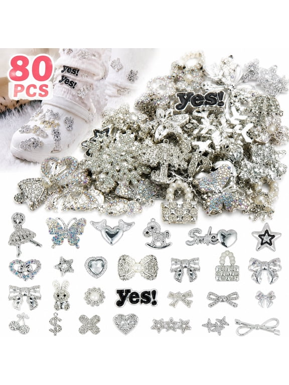 80 Pcs Big Junk Charms Bulk, Bling Flat Back Charms for Junk Socks, Silver Rhinestone Charm for Socks, Hearts, Bows, Stars, Bunnies, and More Cute DIY Decorations