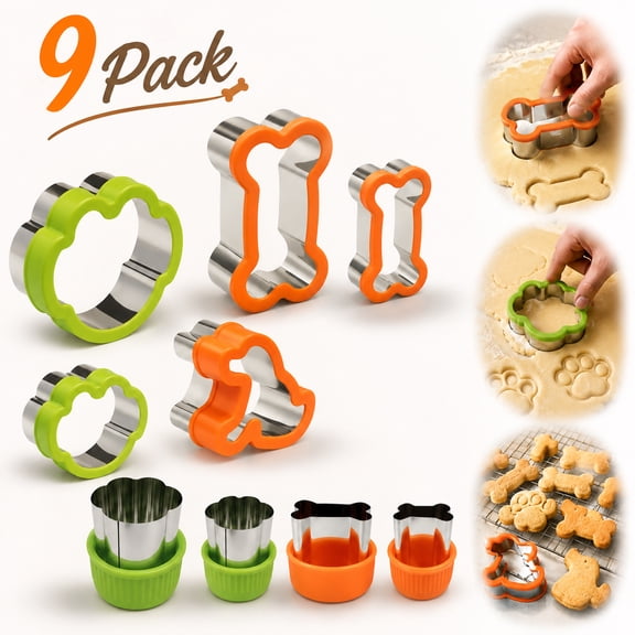 Deally Dog Cookie Cutter Set - 9 Pieces - Bone, Paw Print, Puppy Shape Cookie Mold, Stainless Steel Dog Treats Biscuit Cutters with Plastic Cover, Assorted Sizes