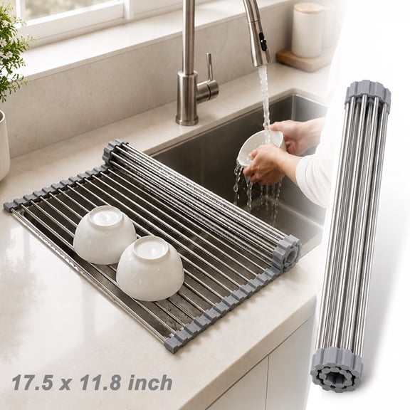 Deally Gray Over the Sink Dish Drying Rack 17.5 x 11.8 in Roll Up Foldable Stainless Steel Sink Drying Rack Dish Drainer Kitchen Dish Rack