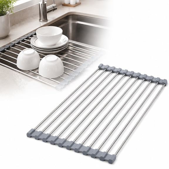 Deally Grey Over the Sink Dish Drying Rack 17.7 x 7.87 in Roll Up Foldable Stainless Steel Sink Drying Rack Dish Drainer Kitchen Dish Rack