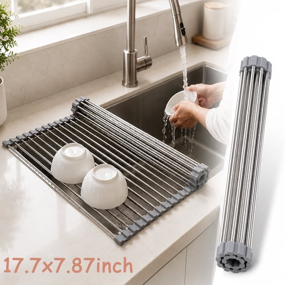 Deally Grey Over the Sink Dish Drying Rack 17.7 x 7.87 in Roll Up Foldable Stainless Steel Sink Drying Rack Dish Drainer Kitchen Dish Rack