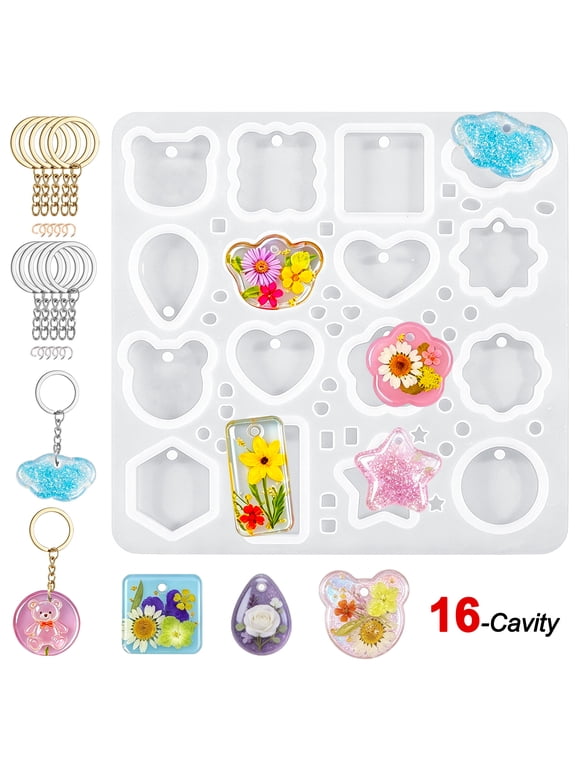 Keychain Resin Molds Silicone with Hole, 16 Cavities UV Resin Jewelry Pendant Mold for Beginner, Epoxy Resin Molds for Keychain Pendant Jewelry Making
