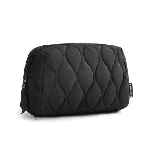 Deally  Makeup Bag, Travel Cosmetic Bag, Puffy Padded Make Up Bag for Women, Makeup Organizer Case, Wide-open Pouch Purse, Travel Essentials, Toiletries Accessories Brushes, Black