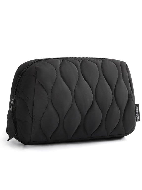 Makeup Bag, Travel Cosmetic Bag, Puffy Padded Make Up Bag for Women, Makeup Organizer Case, Wide-open Pouch Purse, Travel Essentials, Toiletries Accessories Brushes, Black