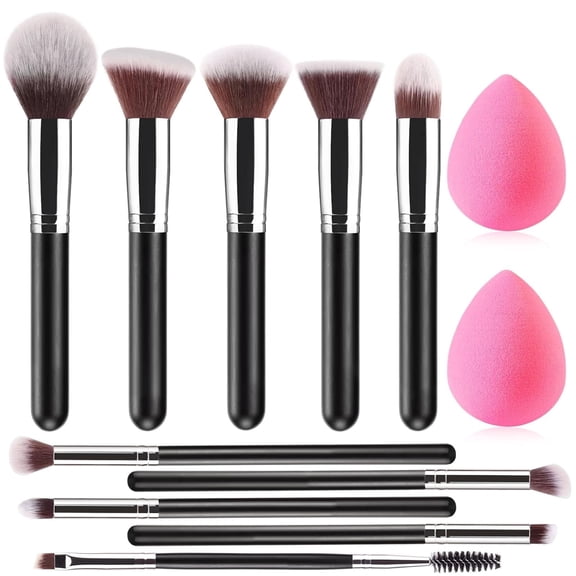 Deally Makeup Brushes Set - Professional Foundation Eyeshadow Concealer Blush Powder Bronzer Applicator, 2 Blender Sponge, Black