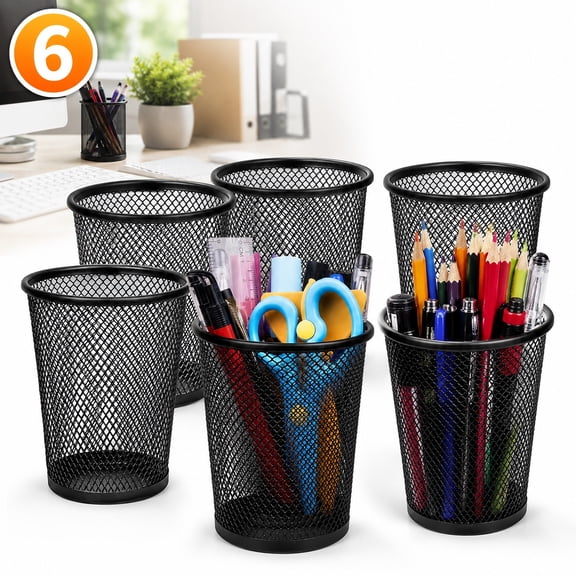 Deally Mesh Pen Holder 6 Packs Black Metal Pen Cup for Desk Durable Pen Holders for Desk Pens Organizer for Desks Pencil Cup Holder Pencil Holder for Desks Office Classroom Home Supplies
