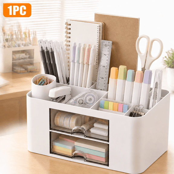 Deally Pen Organizer with 2 Drawer, Multi-Functional Pencil Holder for Desk, Desk Organizers and Accessories with 5 Compartments + Drawer for Office Art Supplies, White