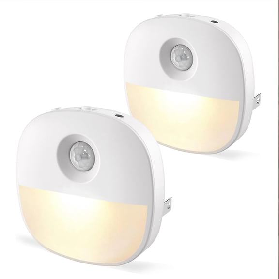 Deally Plug in Night Light with Motion Sensor and Dusk to Dawn Sensor, Dimmable Warm Nightlight with 1-50lm Adjustable Brightness Indoor for Bedroom, Bathroom, Stairs, Hallway, 2 Pack