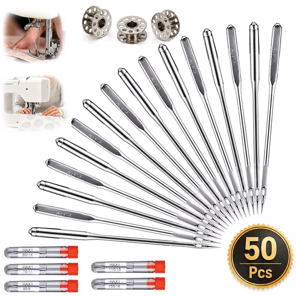 Deally Sewing Machine Needles, 50 PCS Universal Sewing Machine Needle, Compatible with Singer, Brother, Janome, Varmax, Sizes HAX1 65/9, 75/11, 90/14, 100/16, 110/18 (50 PCS)