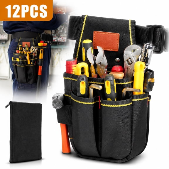 Deally Universal Small Tool Pouch, Small Tool Bag, Tool Pouch with Belt, Industrial Grade Thickened Wear-Resistant Oxford Cloth, 12 Storage Ports, Ideal for Electricians, Mechanics, Carpenters
